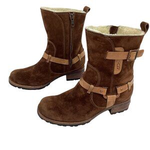 Ugg Endell Harness Suede Sheepskin Womens 5.5 Ankle Boots Buckle Detail Chestnut
